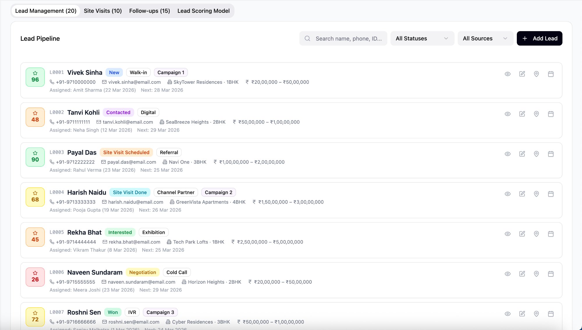 Lead Management screen in the LEAD-AI real estate CRM for Indian property teams
